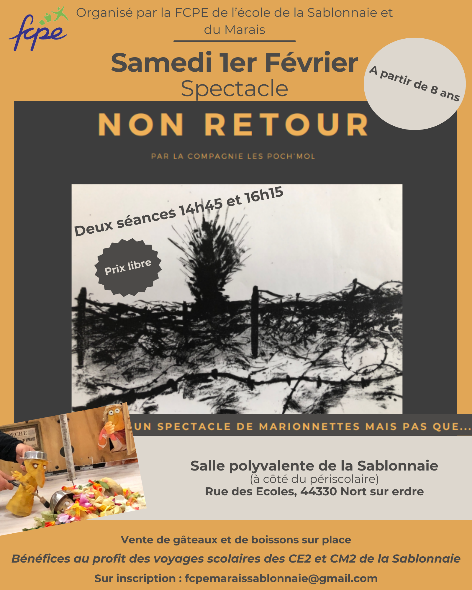Spectacle de marionnettes le 1er février au profit des voyages scolaires de l'école de la Sablonnaie 1 Affiche spectacle 1er fevrier